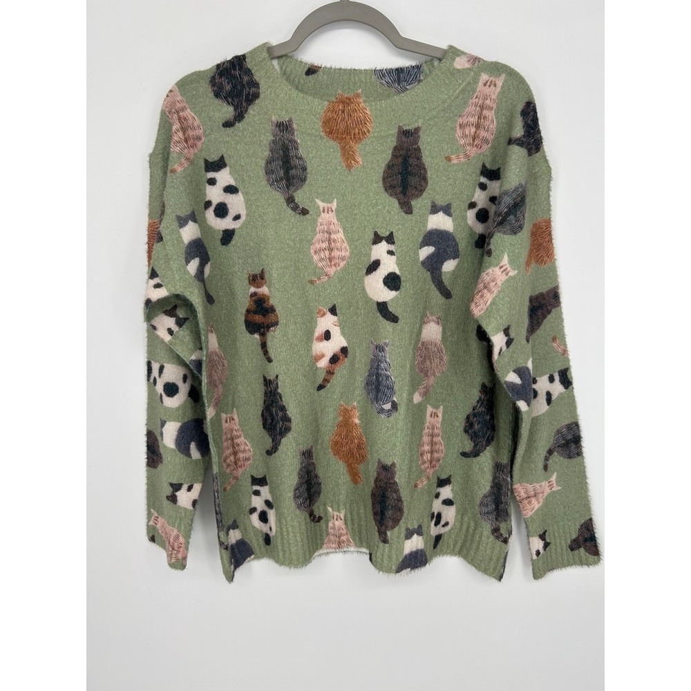 Womens M Cat Print Sweater Green Whimsical Knit Pullover Grandma Core Cottagecor